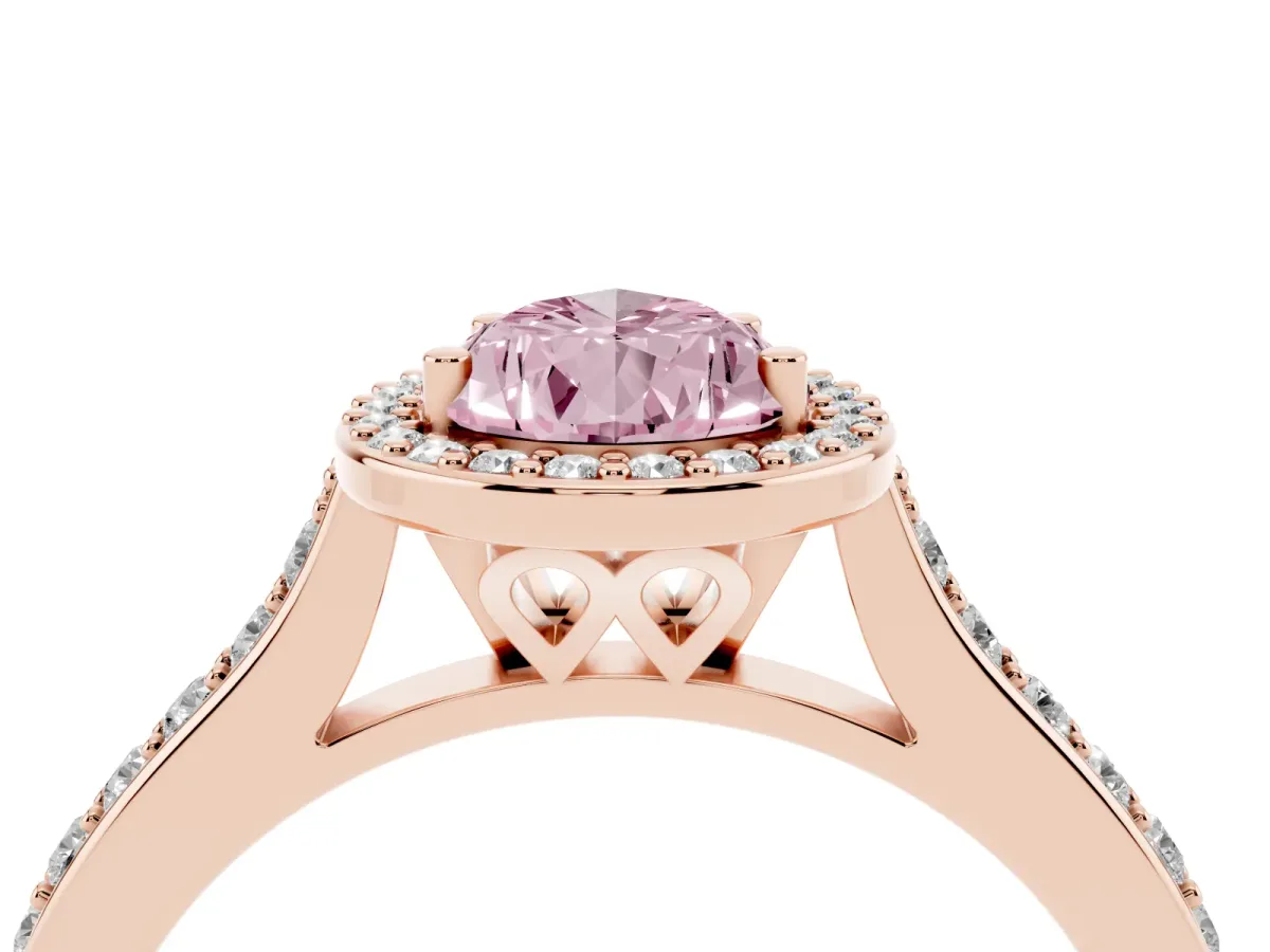 Fancy Pink Pear Cut Diamond Halo Engagement Ring with Round Pavé Shoulders and Prong Setting Rose gold