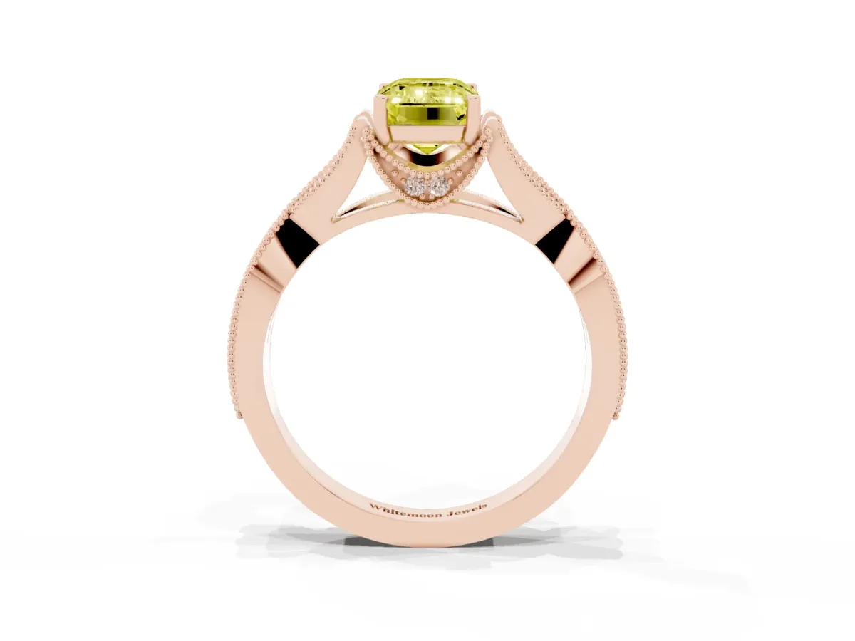 Fancy Yellow Emerald Cut Cut Diamond Twisted Band with Milgrain Pave Setting and Four-Prong Setting Rose gold