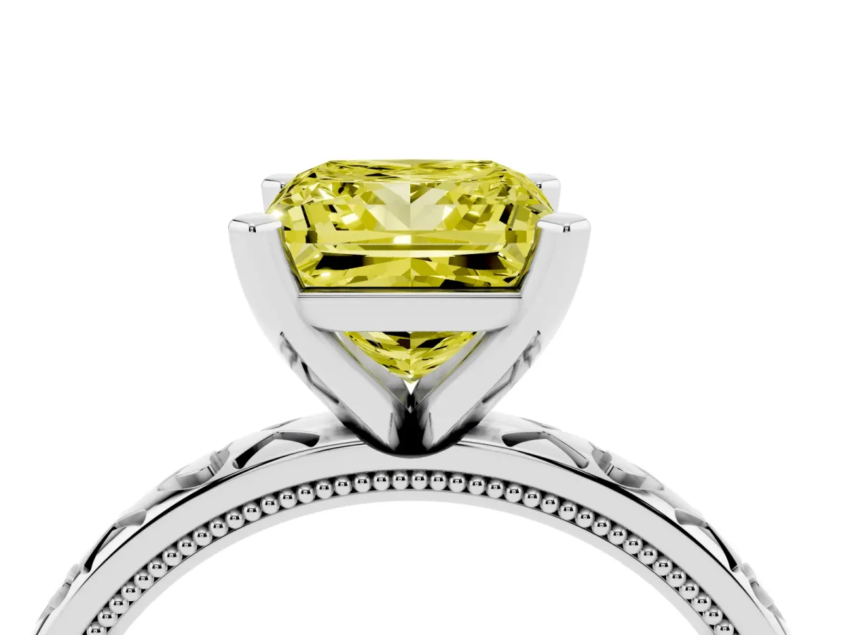 Fancy Yellow Princess Cut Solitaire Diamond Engagement Ring with XO Engraved Band and Four-Prong Setting Silver