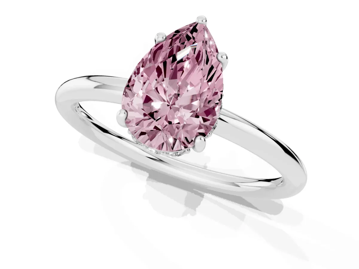 Fancy Pink Pear Cut Solitaire Diamond Ring with a Classic Band and Four-Prong Setting Silver