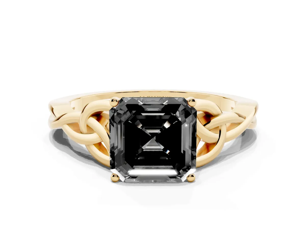 Fancy Black Asscher Cut Diamond Solitaire Engagement Ring with Celtic Knot Band and Four-Prong Setting Yellow gold