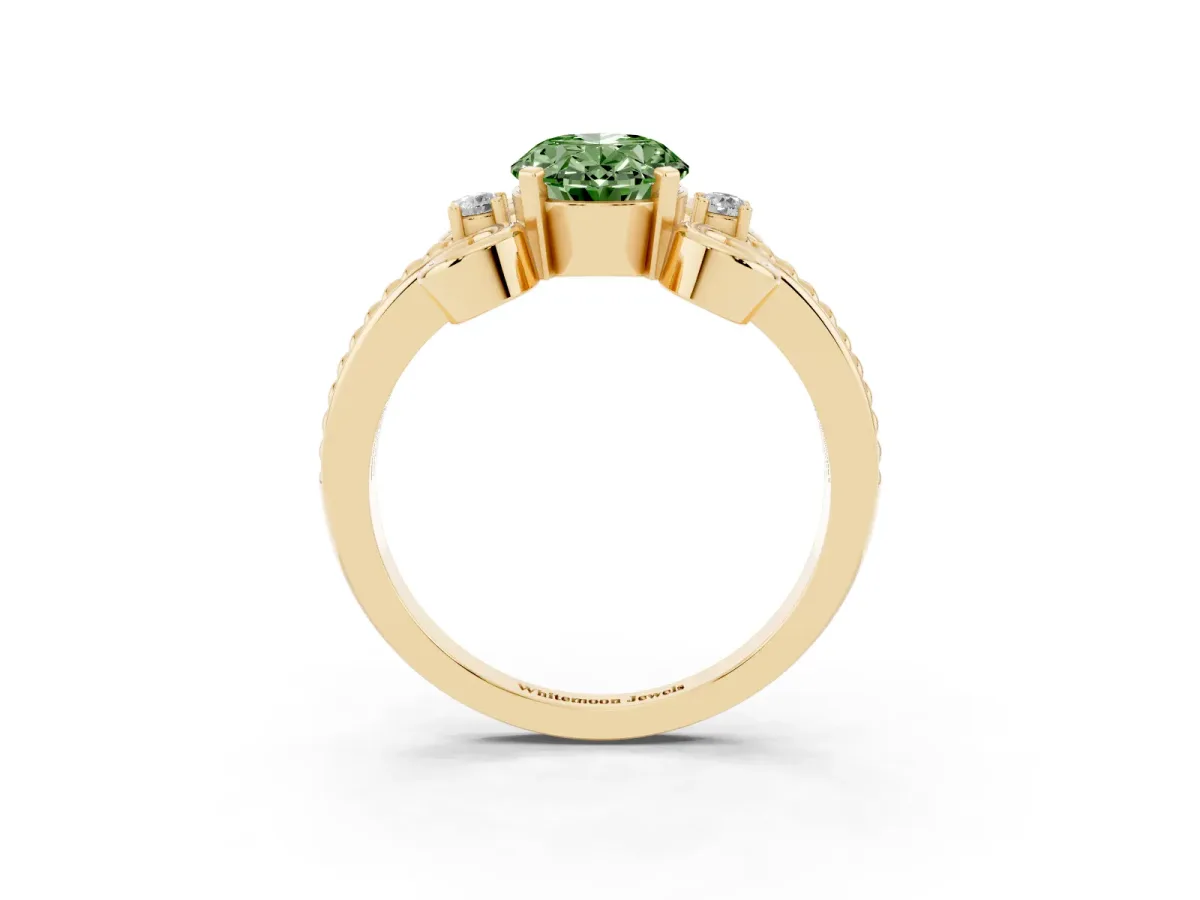 Fancy Green Oval Cut Solitaire Twisted Band Scroll Prong Ring Yellow gold