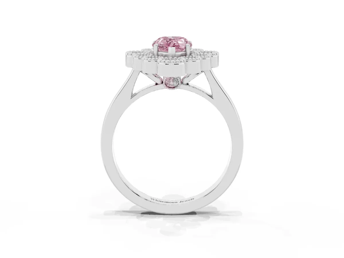 Fancy Pink Pear Cut Halo Diamond Cluster Engagement Ring with Milgrain Bezel Setting and Solitaire Band White gold