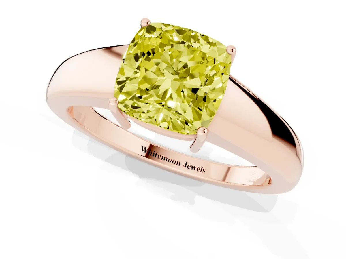 Fancy Yellow Cushion Cut Solitaire Diamond Ring with Tapered Band and Four-Prong Setting Rose gold