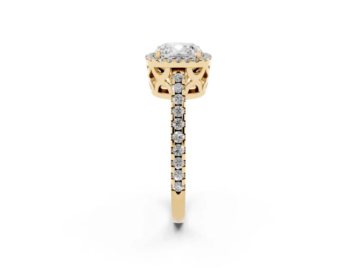 Cushion Cut Diamond Halo Engagement Ring with Pavé Band and Prong Setting Yellow gold