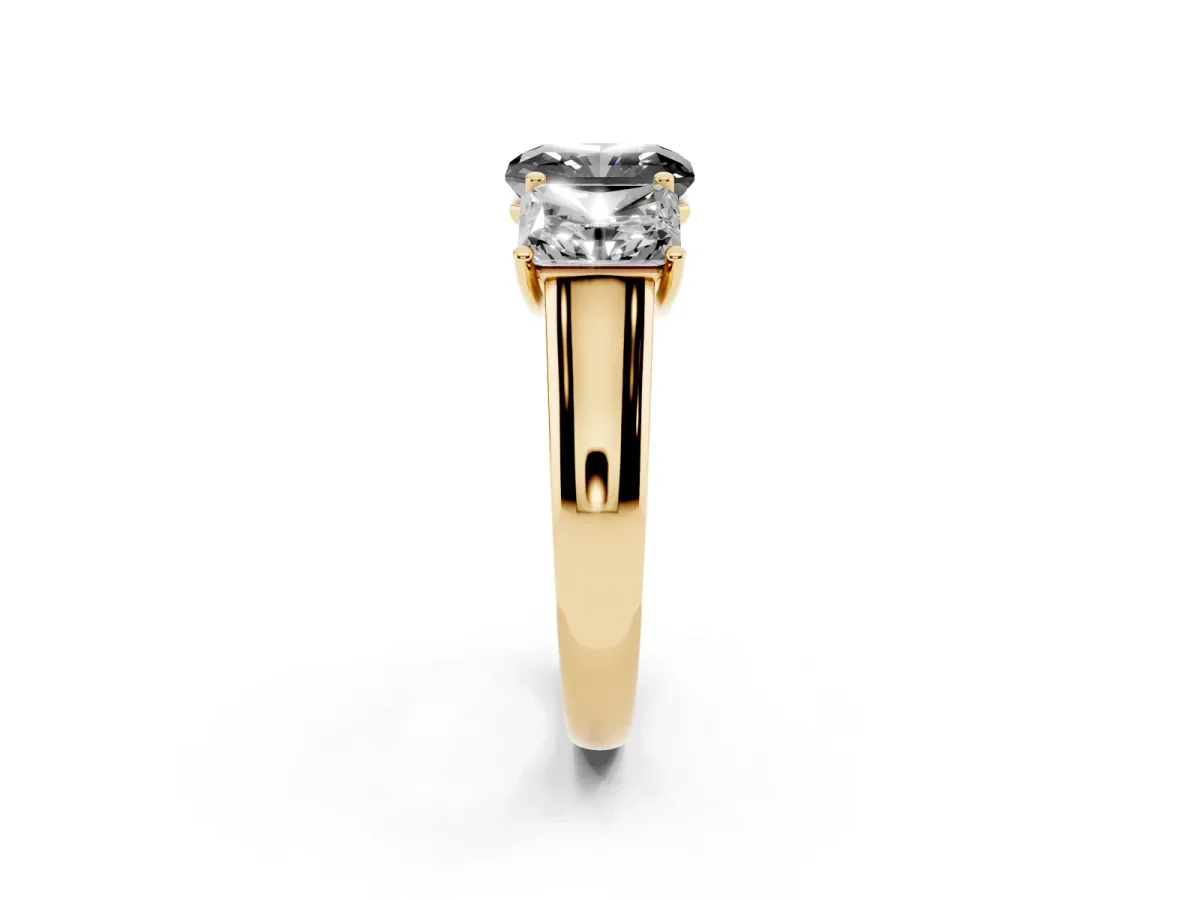 Fancy Black Radiant Cut Three-Stone Diamond Ring with Prong Setting on a Classic Band Yellow gold