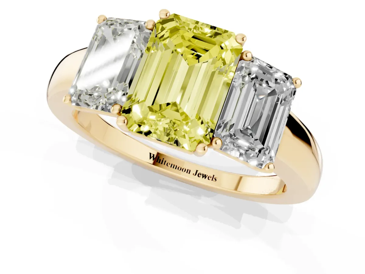 Fancy Yellow Emerald Cut Diamond Three-Stone Ring with Four-Prong Setting and Classic Band Yellow gold