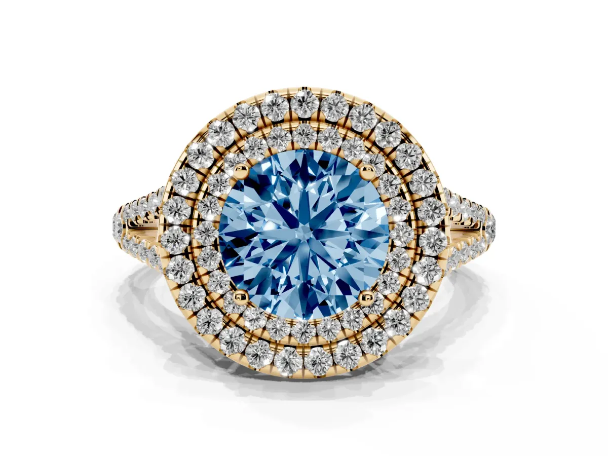 Fancy Blue Round Cut Diamond Double Halo Ring with Pavé Band and Prong Setting Yellow gold