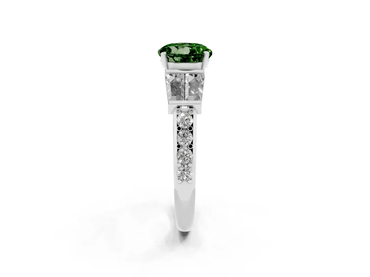 Fancy Green Round Cut Diamond Engagement Ring with Baguette Side Stones and Channel Set Band Silver