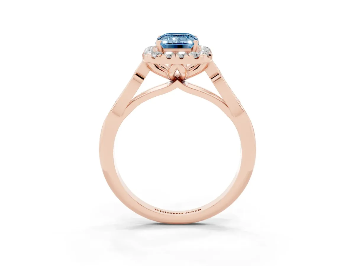 Fancy Blue Emerald Cut Halo Diamond Engagement Ring with Filigree Band and Four-Prong Setting Rose gold