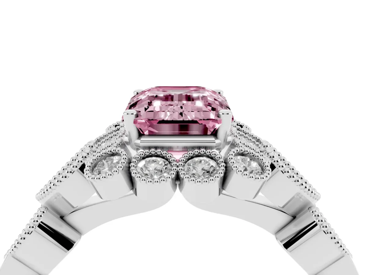 Fancy Pink Emerald Cut Brilliant Milgrain Pave Heart Band Solitaire Ring Silver