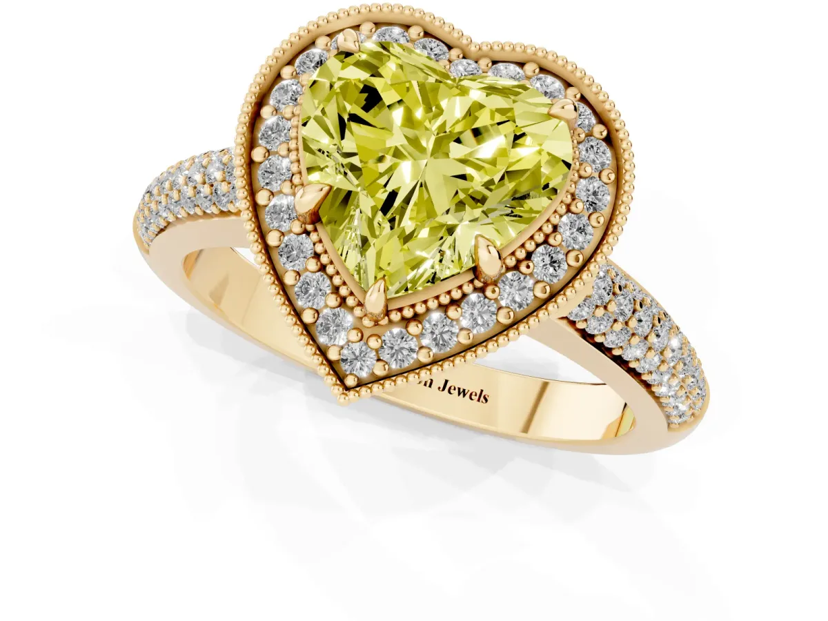 Fancy Yellow Heart Cut Cut Halo Diamond Pave Band with Four-Prong Setting Yellow gold