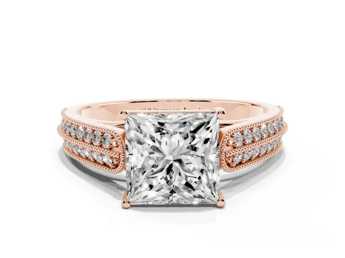 Princess Cut Cut Pave Split Shank Engagement Ring with Four-Prong Setting Rose gold