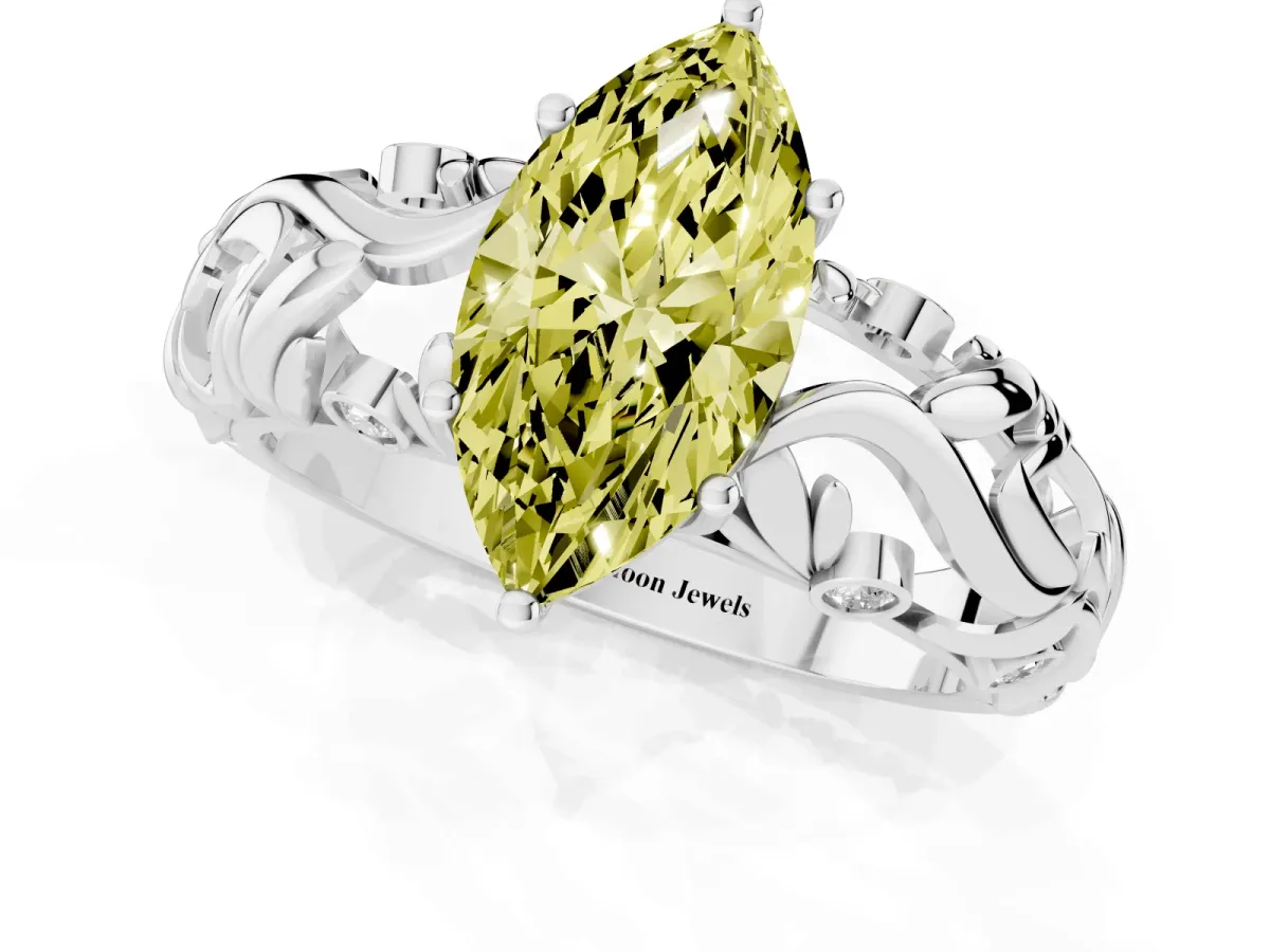 Fancy Yellow Marquise Cut Solitaire Diamond Leaf-Inspired Vine Band Ring with Prong Setting Silver