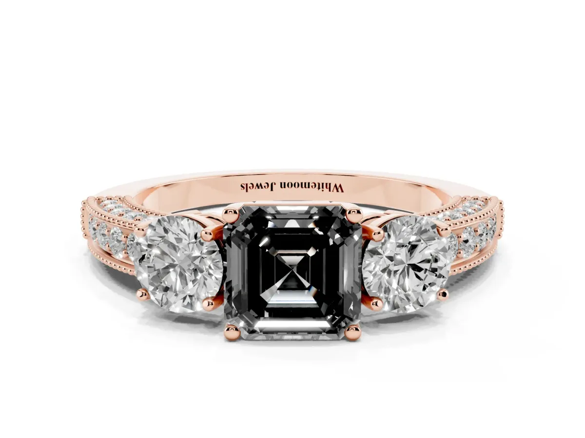 Fancy Black Asscher Cut Three-Stone Diamond Ring with Pavé Band and Four-Prong Setting Rose gold