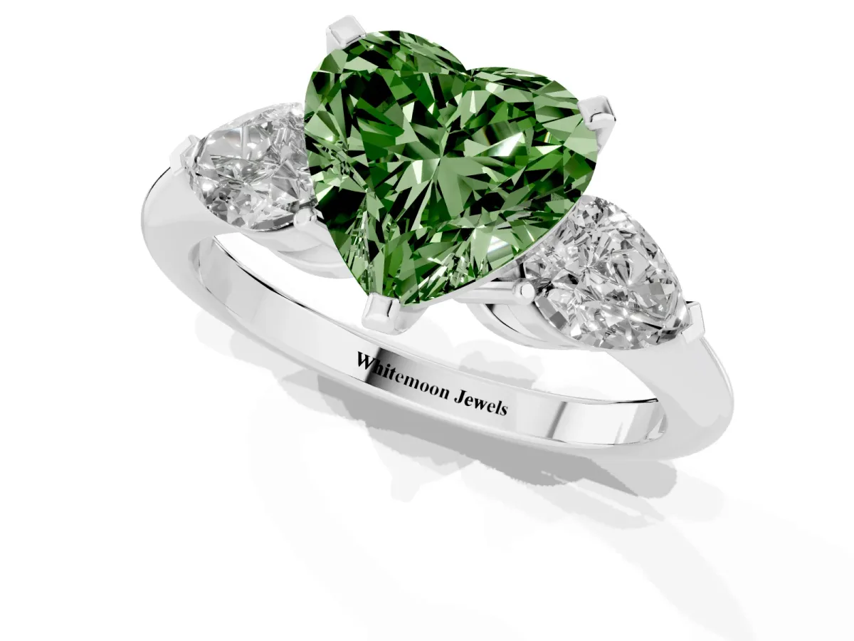 Fancy Green Three-Stone Heart Cut Diamond Ring with Pear Side Stones and Four-Prong Setting Silver