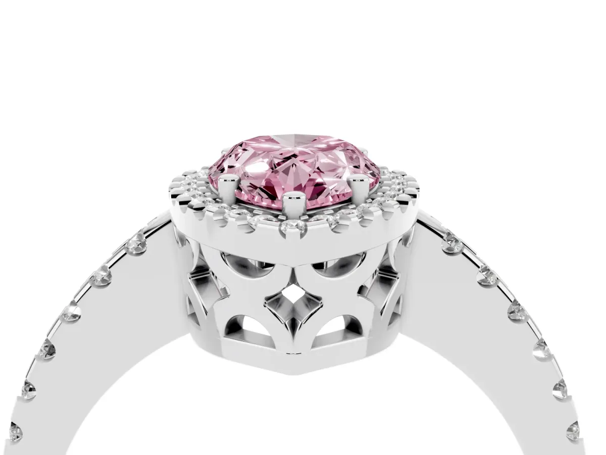 Fancy Pink Pear Cut Diamond Halo Engagement Ring with Pavé Band and Prong Setting Silver