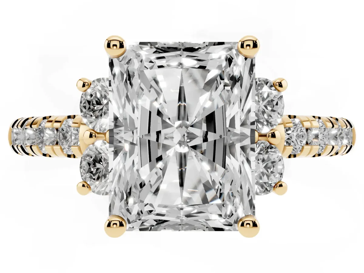 Radiant Cut Diamond Three-Stone Pave Band with Four-Prong Setting Yellow gold