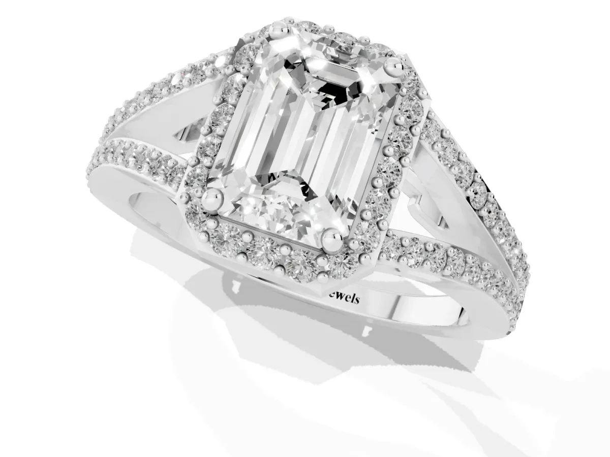 Emerald Cut Halo Split Shank Pave Diamond Ring with Four-Prong Setting Silver