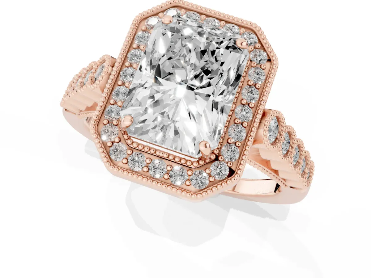 Radiant Cut Halo Milgrain Solitaire with Bezel Set Side Stones and Pave Band Rose gold