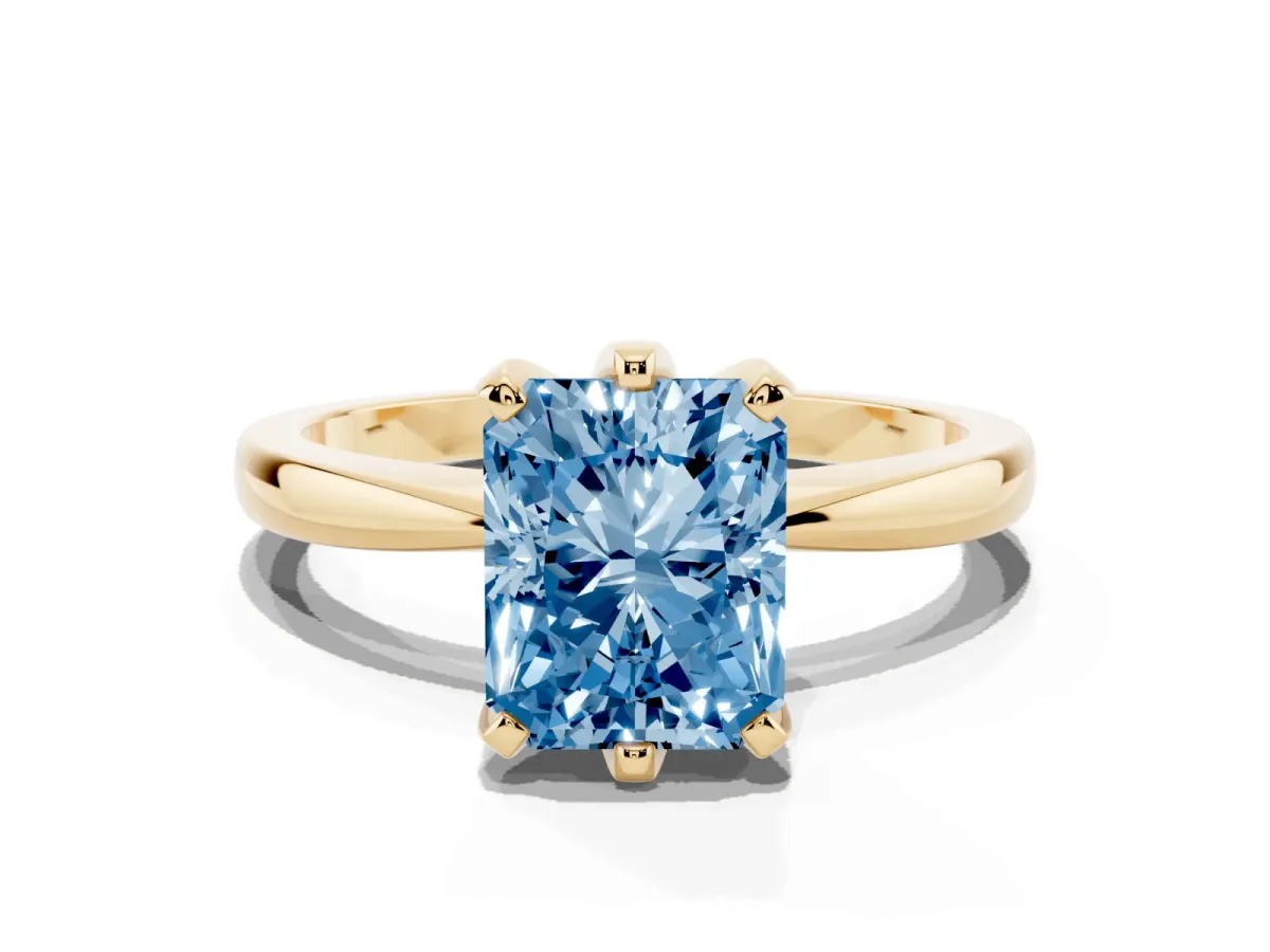 Fancy Blue Radiant Cut Solitaire Engagement Ring with Six-Prong Setting and Tapered Band Yellow gold