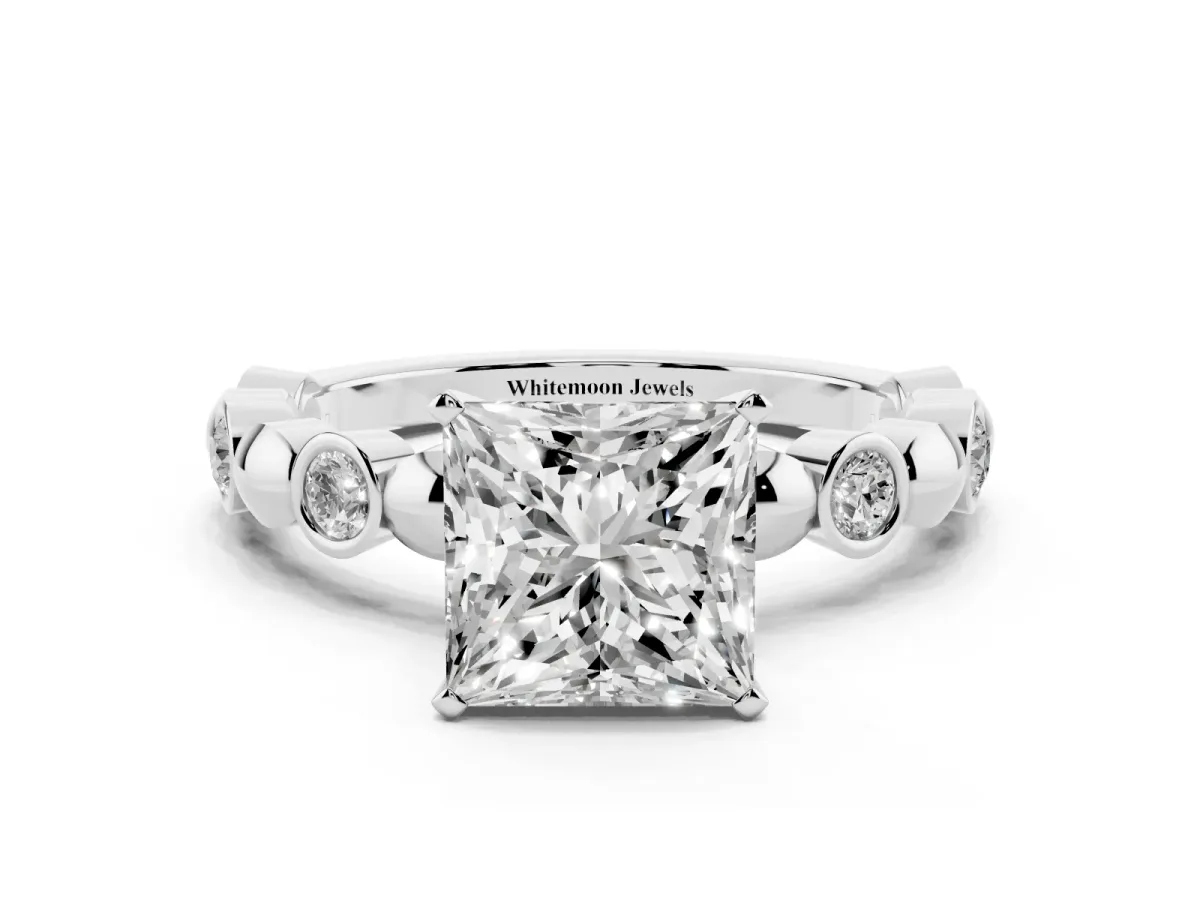 Princess Cut Solitaire Bezel-Set Diamond Ring with Beaded Band and Four-Prong Setting Silver