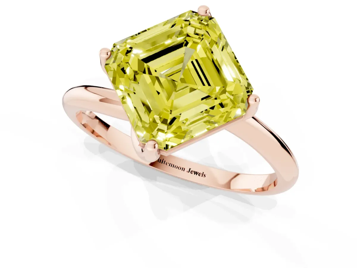 Fancy Yellow Asscher Cut Diamond Solitaire Engagement Ring with Four-Prong Setting and Classic Band Rose gold