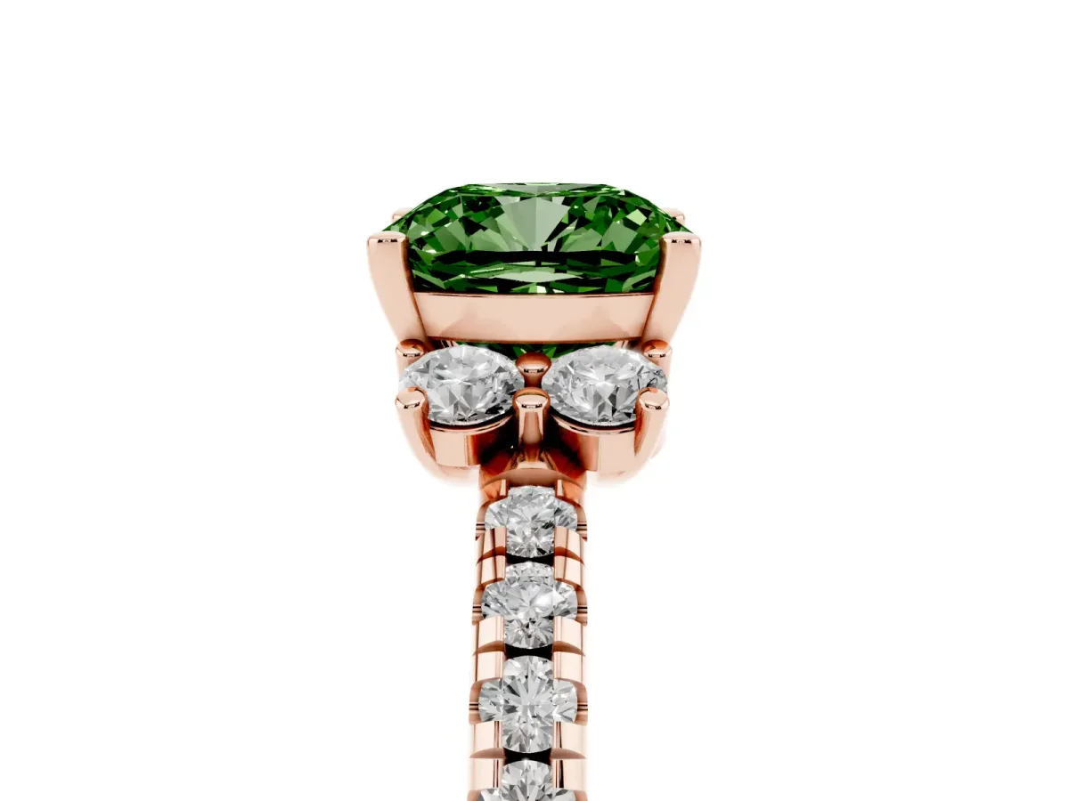 Fancy Green Cushion Cut Diamond Three-Stone Pave Band with Four-Prong Setting Rose gold