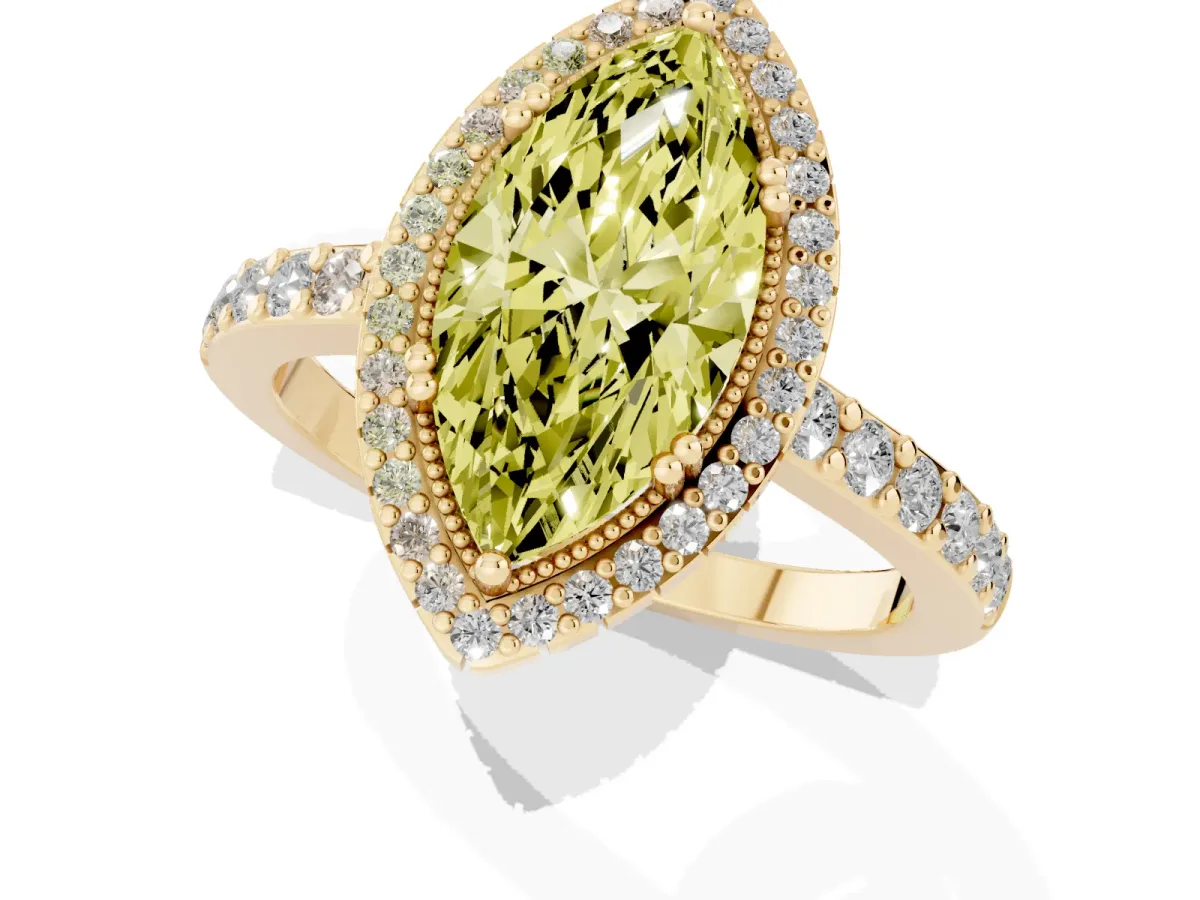 Fancy Yellow Marquise Cut Cut Diamond Halo Engagement Ring with Milgrain Detail and Pavé Band Yellow gold