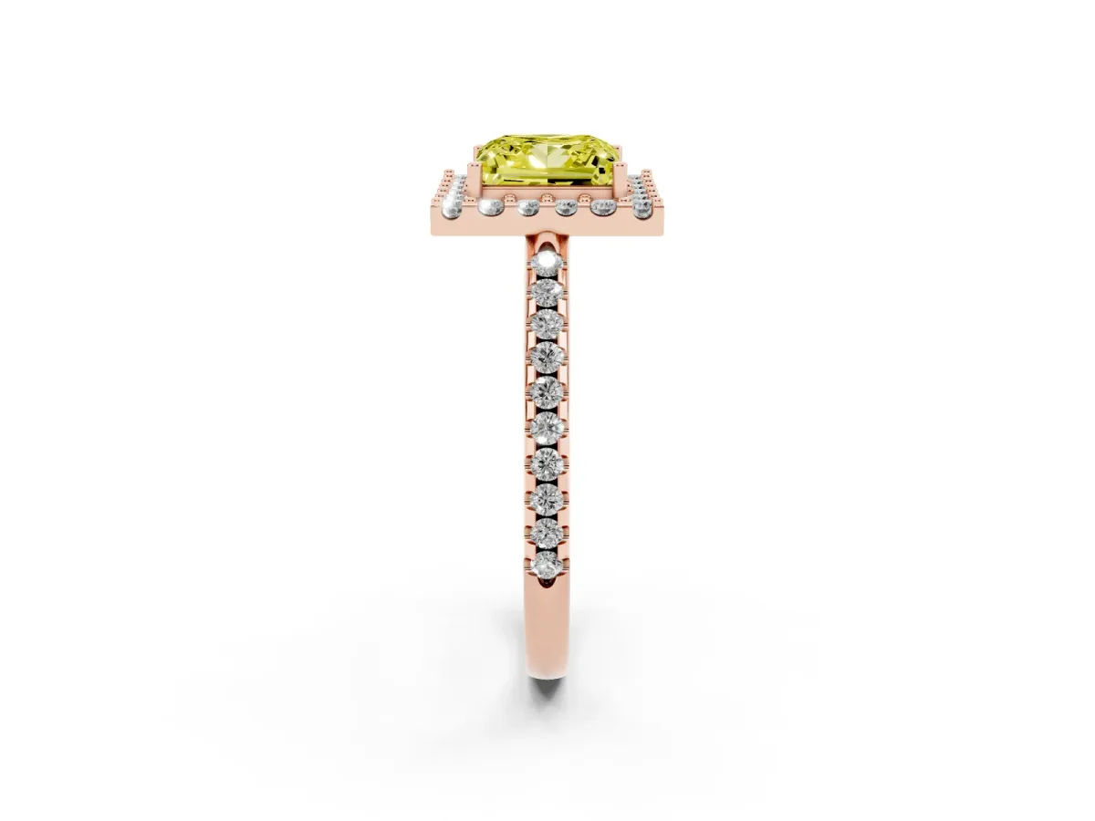 Fancy Yellow Princess Cut Diamond Pavé Halo Ring with Four-Prong Setting Rose gold