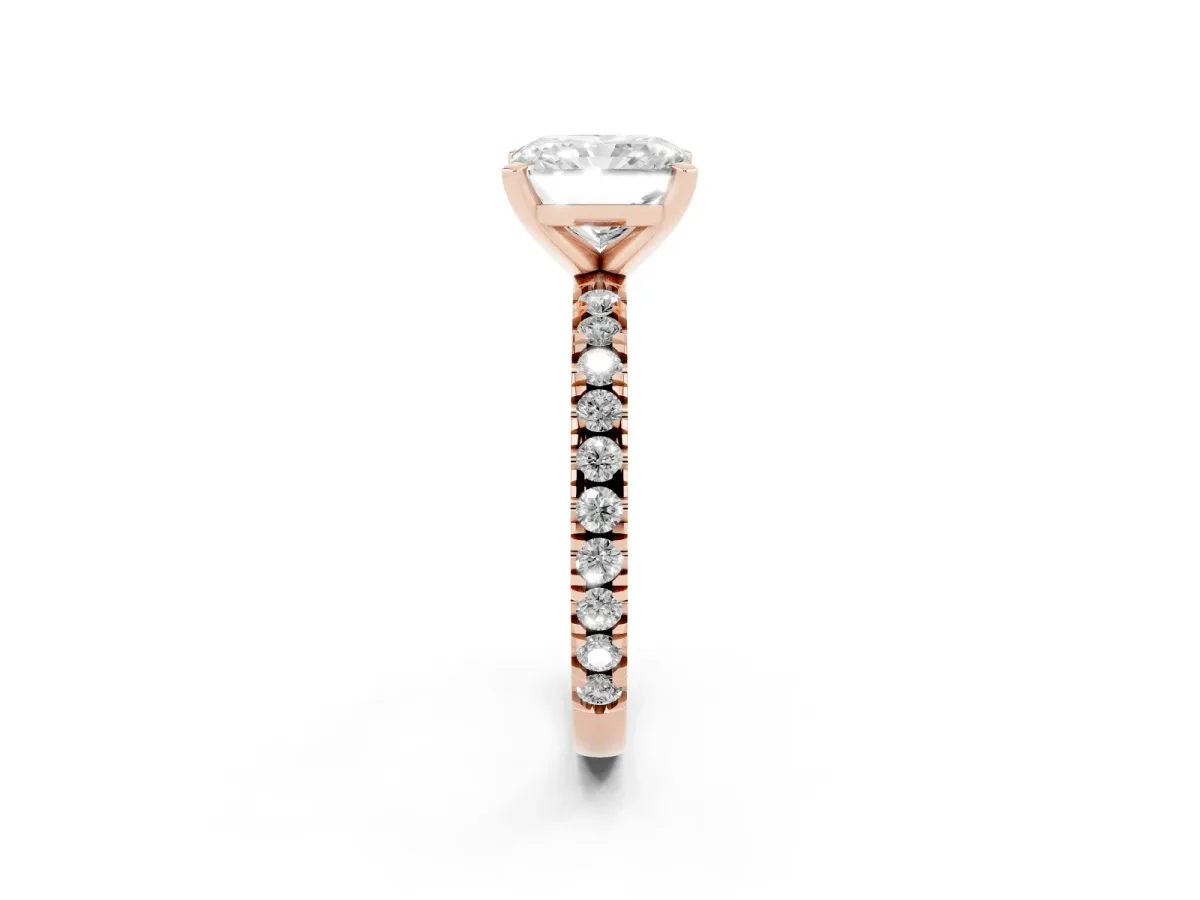 Radiant Cut Diamond Pavé Band Solitaire with Four-Prong Setting Rose gold