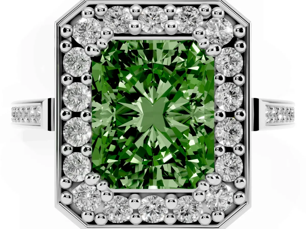 Fancy Green Radiant Cut Diamond Halo Ring with Split Shank and Four-Prong Setting Silver
