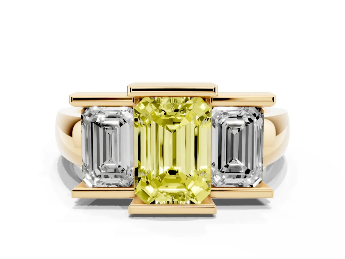 Fancy Yellow Three Stone Emerald Cut Cut Channel Set Diamond Ring Yellow gold