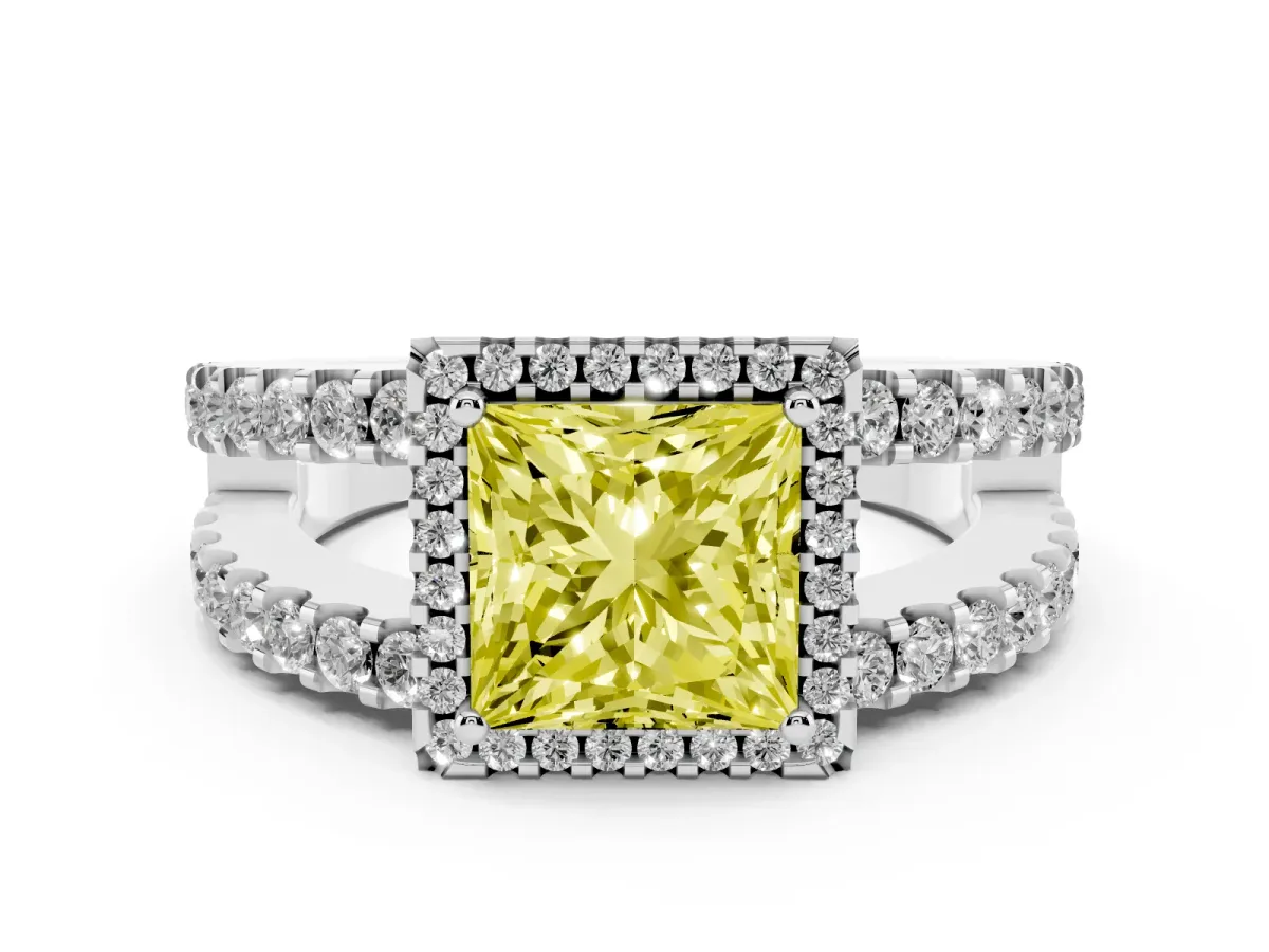 Fancy Yellow Princess Cut Cut Halo Split Shank Diamond Ring with Four-Prong Setting Silver