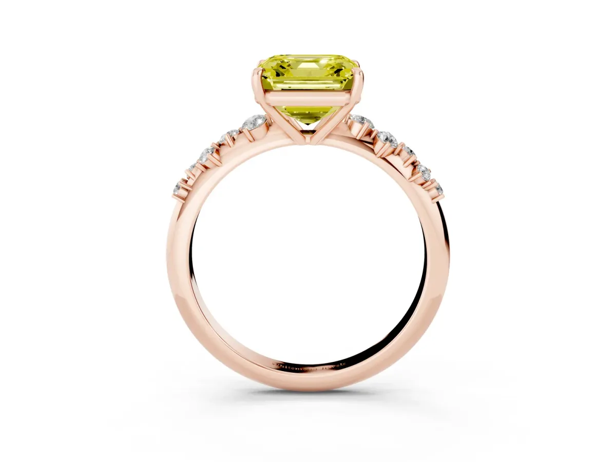 Fancy Yellow Asscher Cut Diamond Cluster Side Stone Solitaire Ring with Prong Setting Rose gold