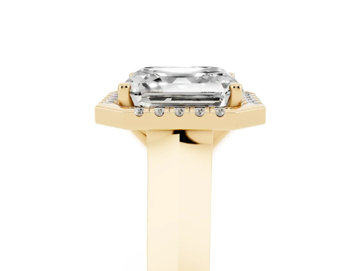 Asscher Cut Halo Diamond Ring with Cathedral Band and Four-Prong Setting Yellow gold