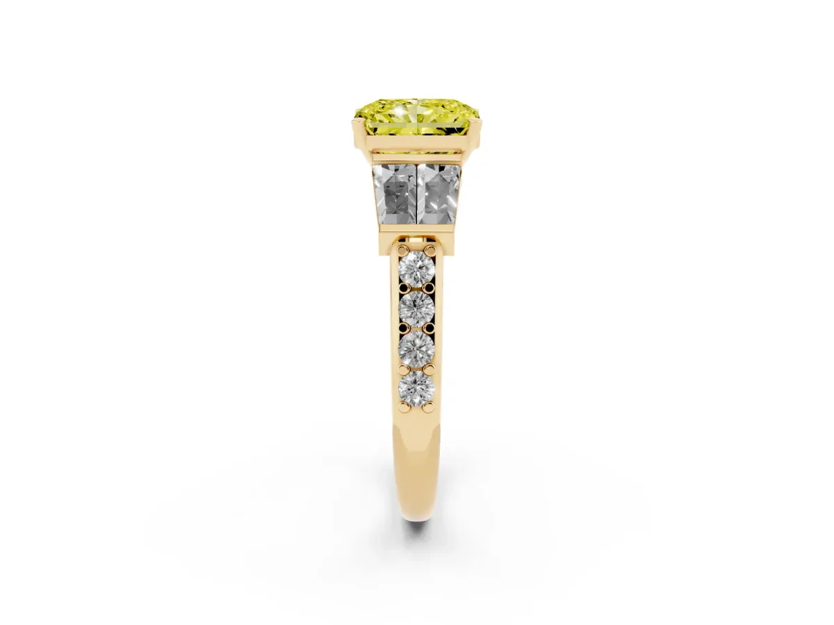 Fancy Yellow Radiant Cut Diamond Engagement Ring with Baguette Side Stones and Channel Set Band Yellow gold