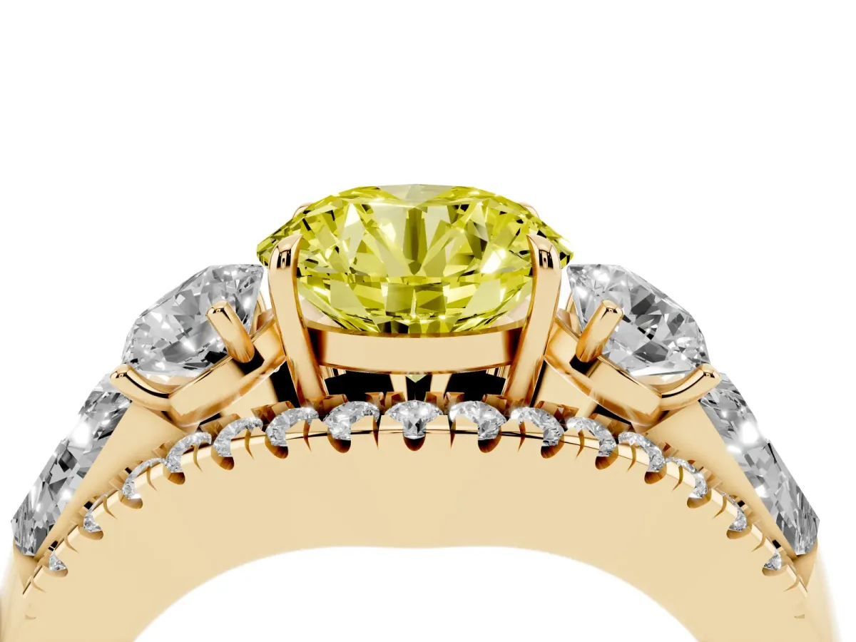 Fancy Yellow Three-Stone Round Cut Diamond Engagement Ring with Pave Band and Prong Setting Yellow gold