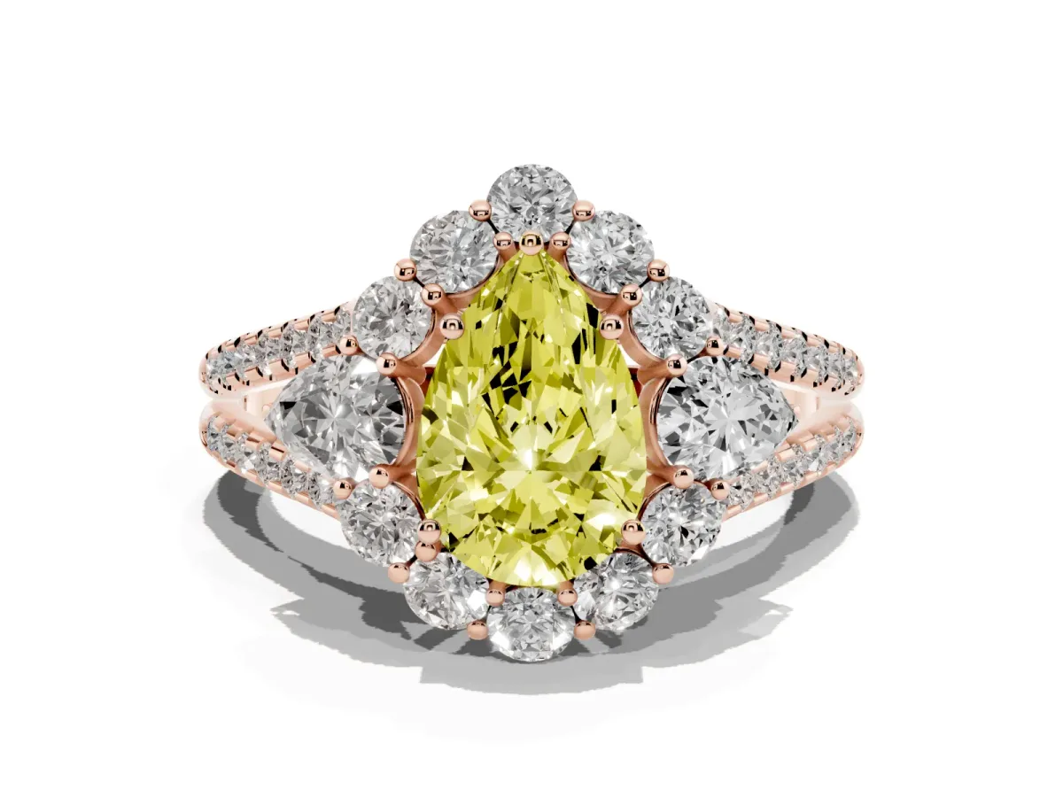 Fancy Yellow Pear Cut Halo Split Shank Diamond Engagement Ring with Prong Setting Rose gold