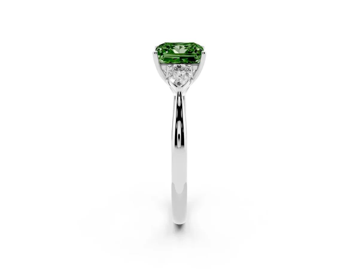 Fancy Green Three-Stone Princess Cut Diamond Ring with Pear Side Stones in Four-Prong Setting Silver