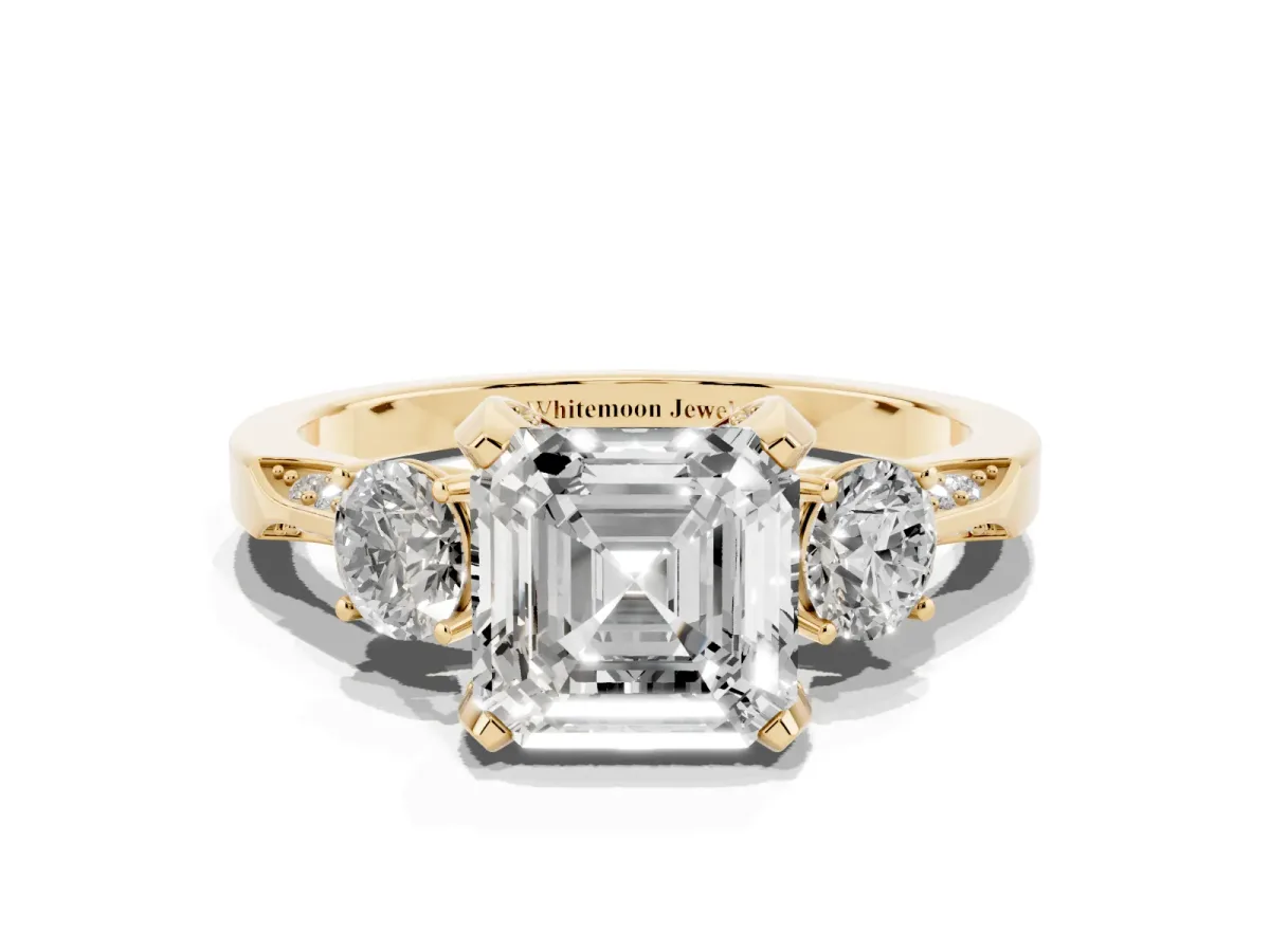 Asscher Cut Brilliant Three-Stone Diamond Ring with Pavé Band and Four-Prong Setting Yellow gold