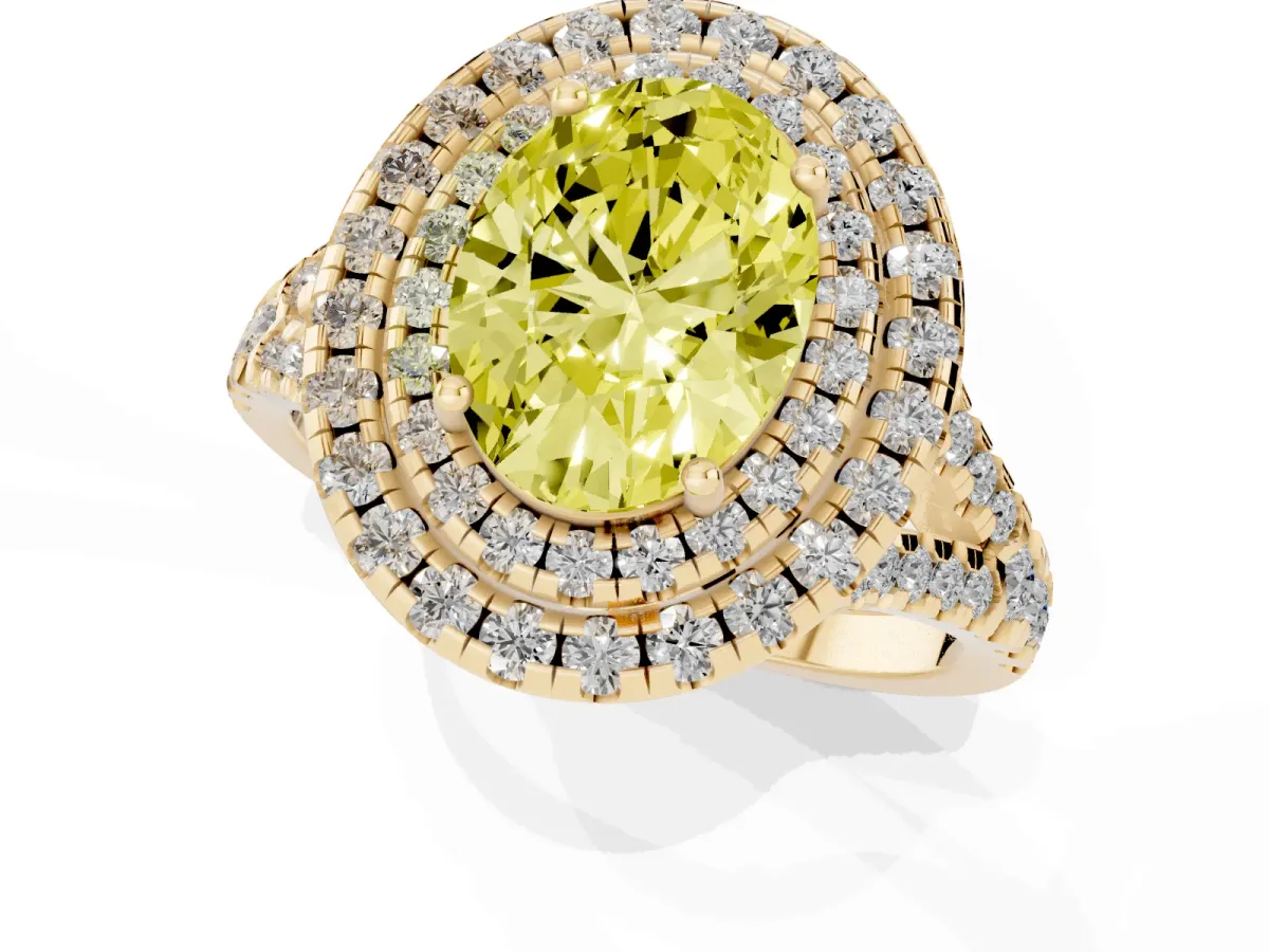 Fancy Yellow Double Halo Oval Cut Diamond Pavé Split Shank Ring with Prong Setting Yellow gold