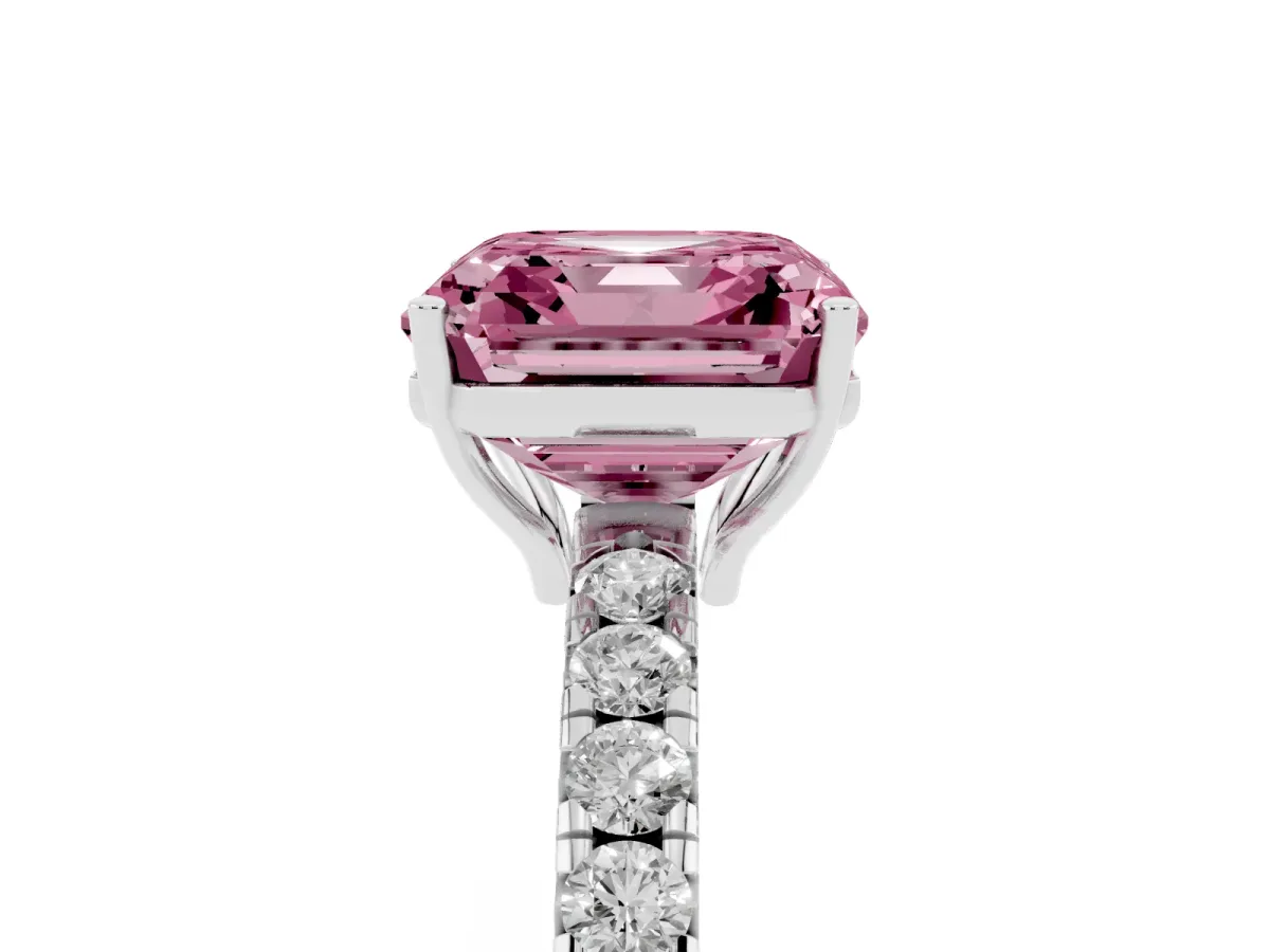 Fancy Pink Asscher Cut Diamond Pavé Solitaire Engagement Ring with Four-Prong Setting Silver