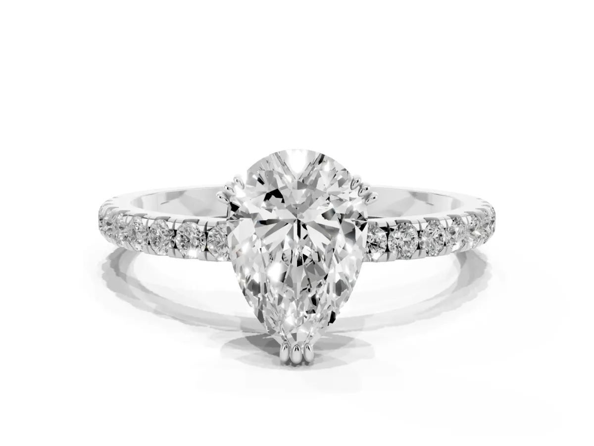 Pear Cut Brilliant Solitaire with Pavé Band and Claw Prong Setting Silver