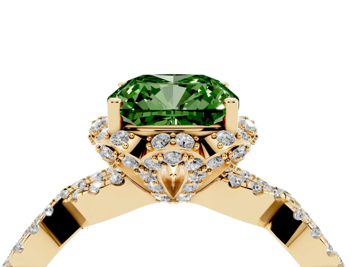 Fancy Green Cushion Cut Halo Twist Band Solitaire Ring with Six-Prong Setting Yellow gold