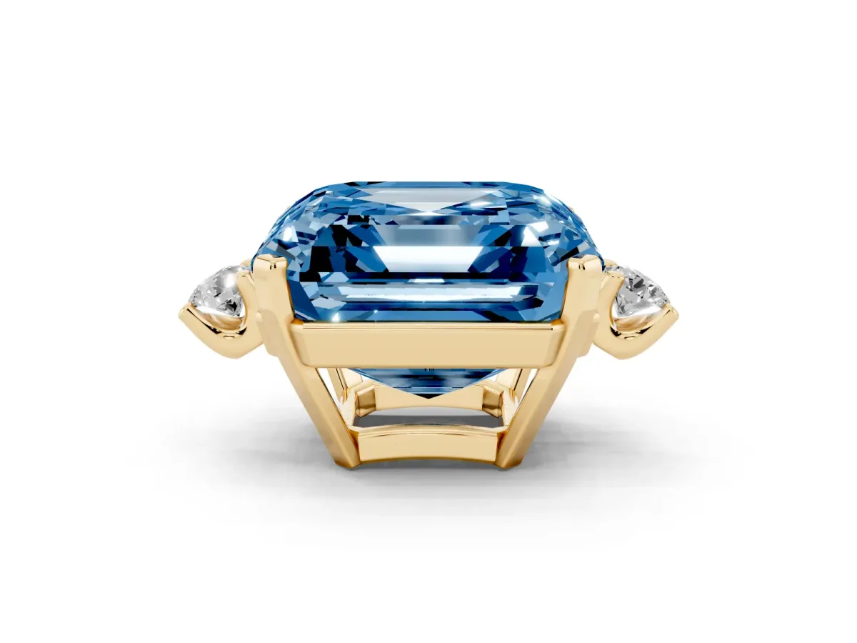 Fancy Blue Asscher Cut Cut Three-Stone Solitaire Ring with Round Accent Diamonds and Four-Prong Setting Yellow gold