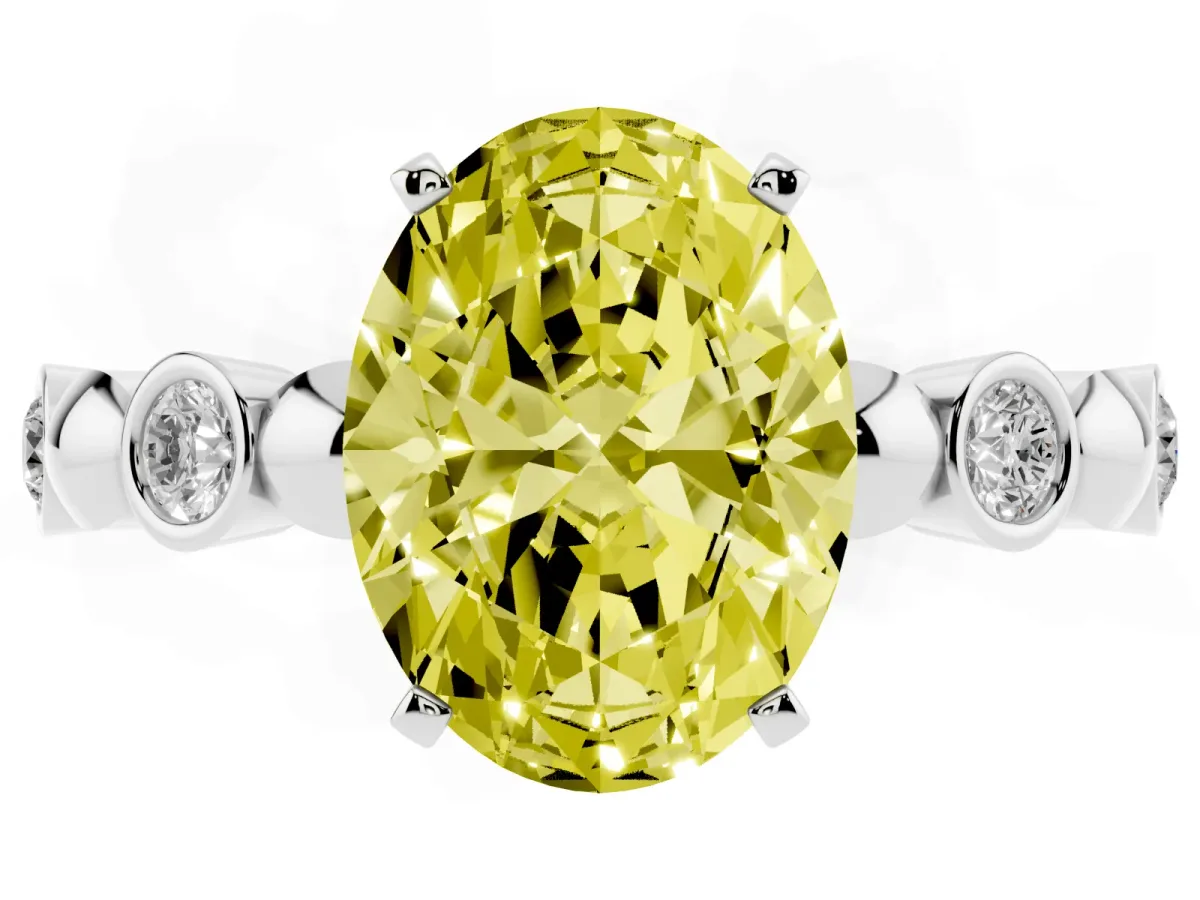 Fancy Yellow Oval Cut Solitaire Bezel-Set Diamond Ring with Beaded Band and Four-Prong Setting Silver