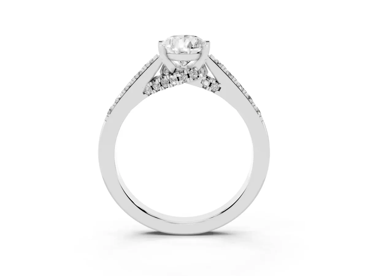 Pear Cut Diamond Solitaire Ring with Crossover Gallery and Round Pavé Band Silver