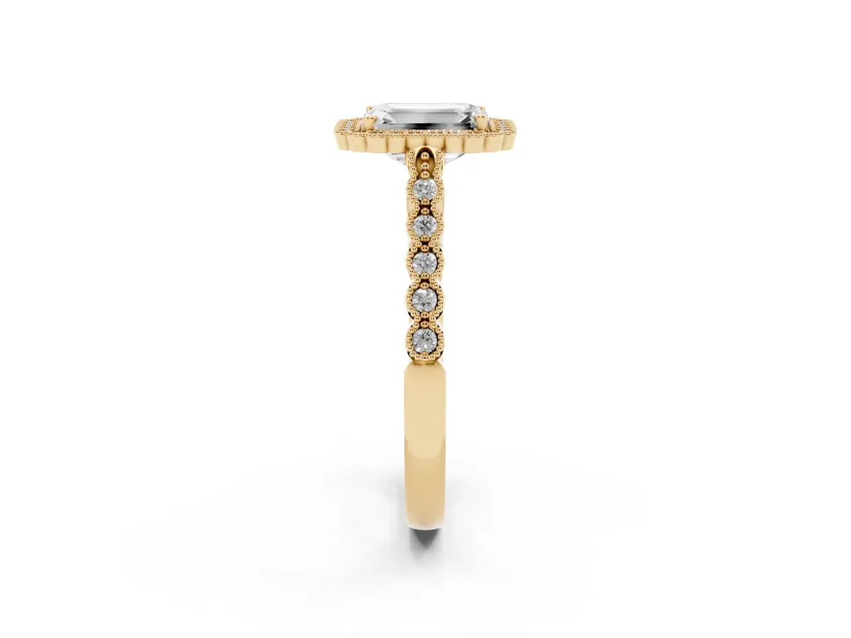 Emerald Cut Cut Halo Pavé Solitaire Ring with Milgrain Band Yellow gold