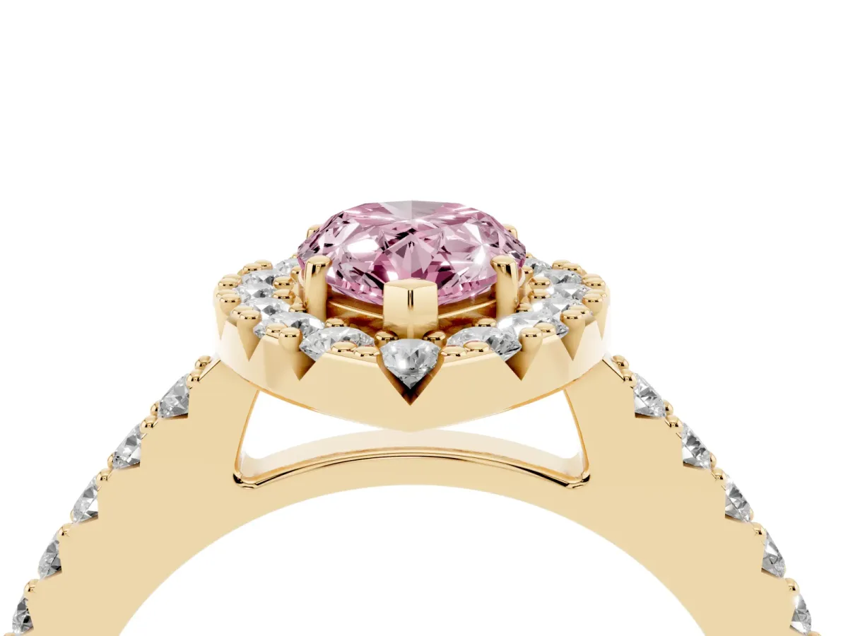 Fancy Pink Pear Cut Halo Diamond Pavé Solitaire Ring Yellow gold